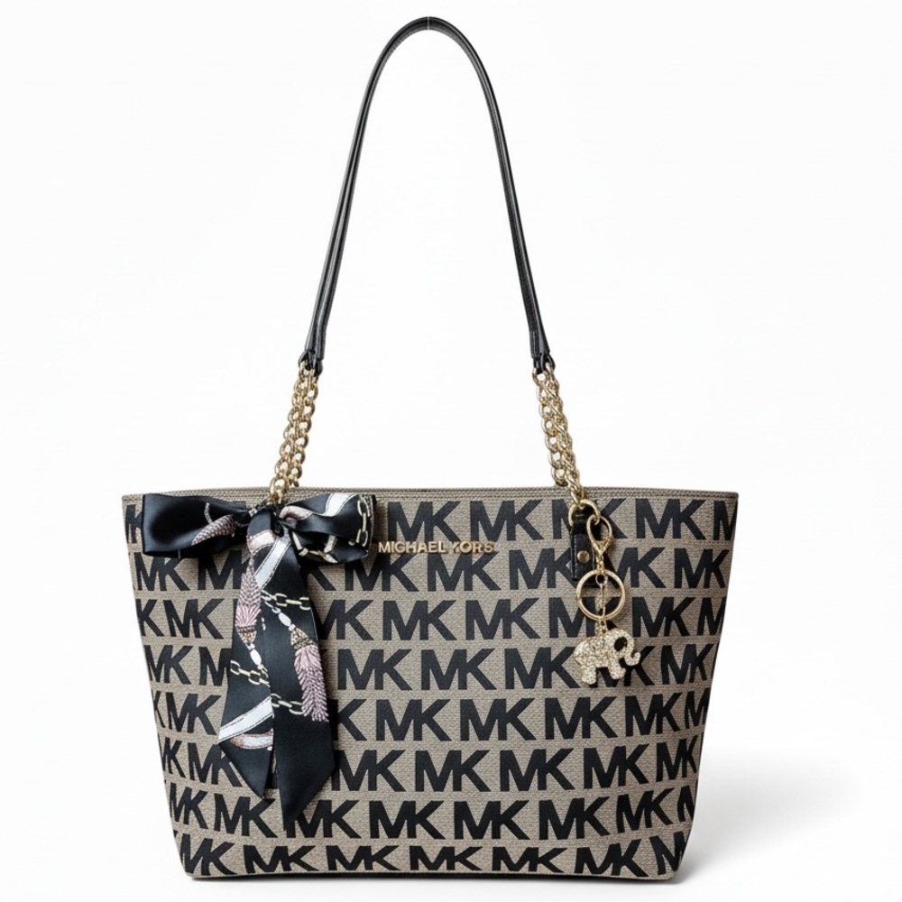 Michael Kors Monogram Tote with Gold Studded Elephant Charm and Scarf